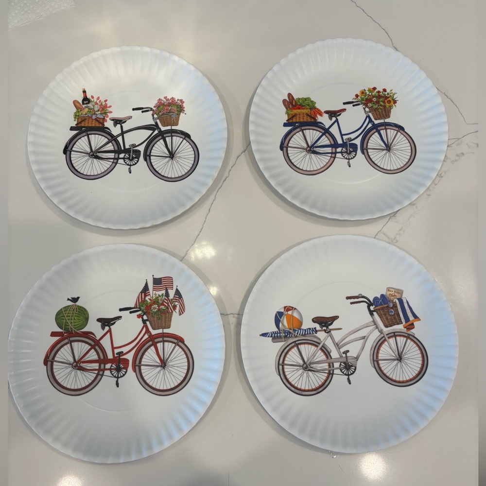 180 Degree Summer Beach Bicycle Paper Plate Style Melamine 9x9 4 CT Set Retro
